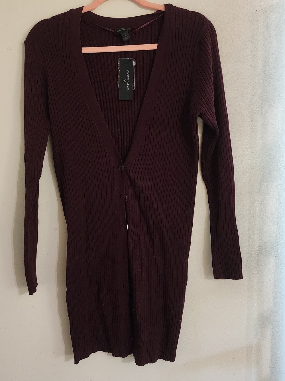 Worthington Long Sleeve Ribbed Button-Front Cardigan - Burgundy Plum‎